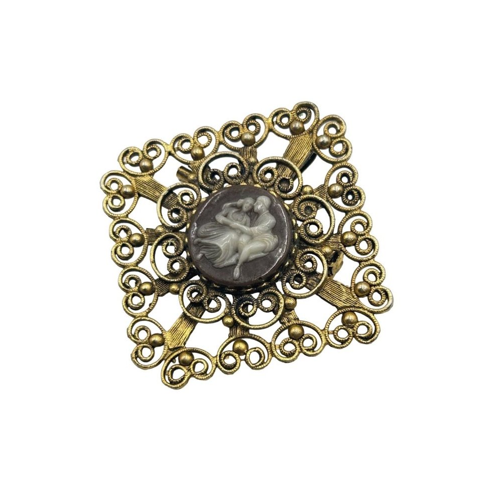 Vintage Faux Cameo Pin Brooch Pendant Scrolls Square Frame Antique Style Pin
